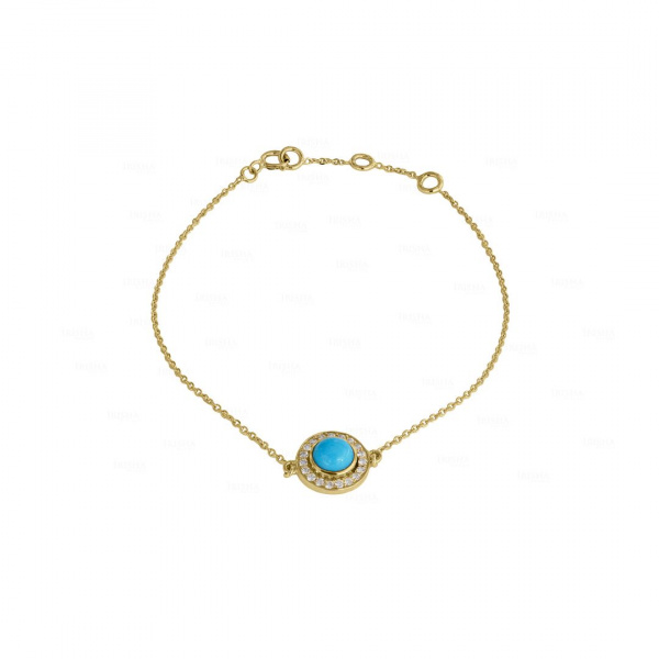 14K Yellow Gold Genuine Diamond And Turquoise Gemstone Disc Bracelet Jewelry