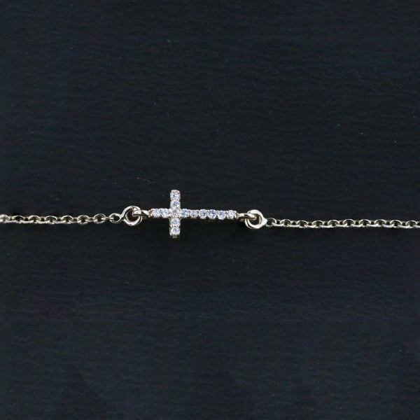 0.06 Ct. Real Diamond 14k Solid Gold Crucifix Cross Fine Chain Bracelet