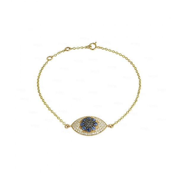 Genuine Diamond And Blue Sapphire Evil Eye 14K Gold Bracelet Fine Jewelry