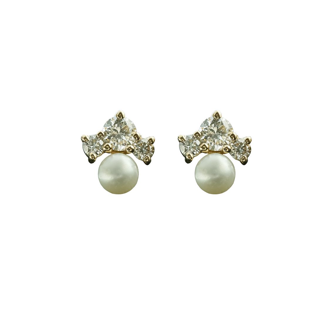 14K Yellow Gold Genuine Diamond And Pearl Gemstone Tiny Minimalist Studs Earring