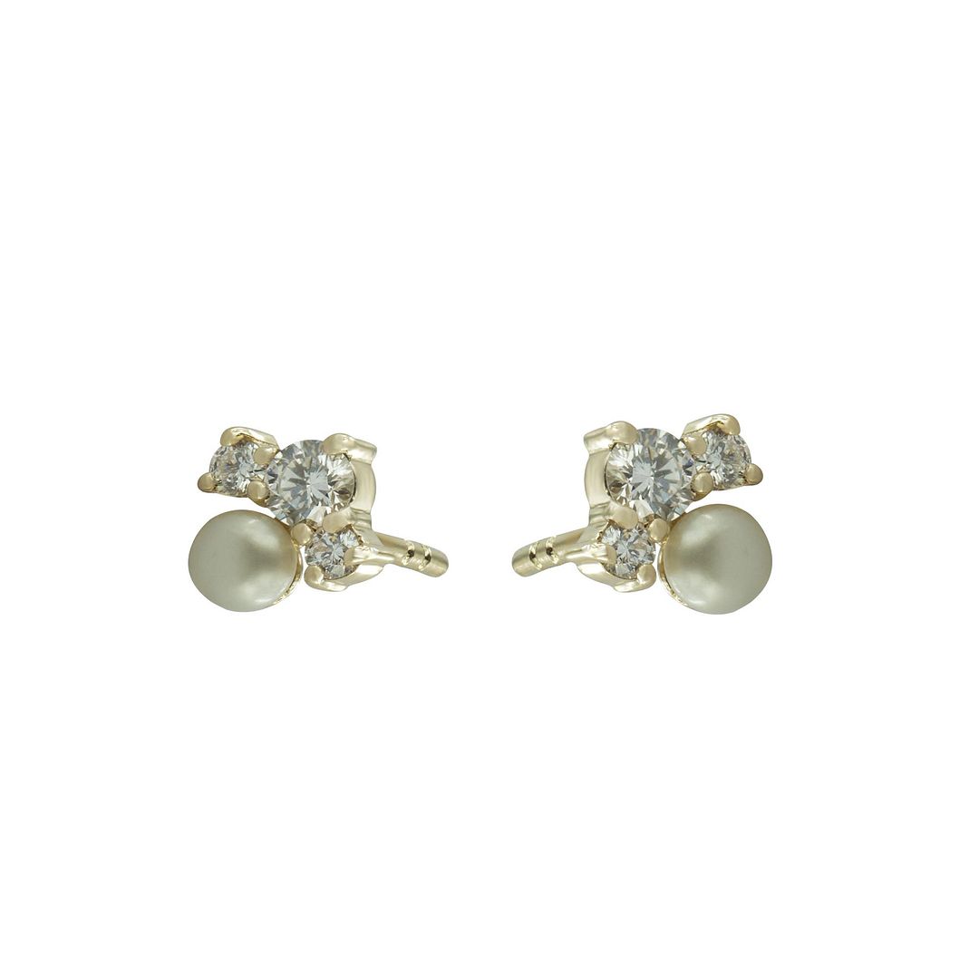14K Yellow Gold Genuine Diamond And Pearl Gemstone Tiny Minimalist Studs Earring