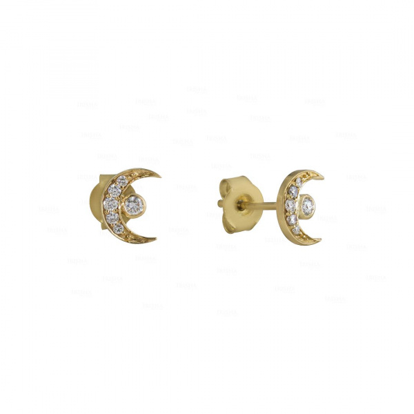 14K Gold 0.16 Ct. Genuine Diamond Crescent Moon Studs Earrings Celestial Jewelry