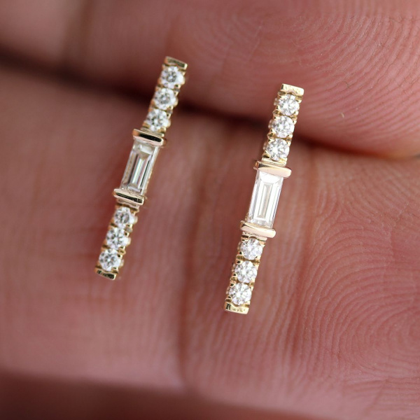 0.26Ct. Genuine Diamond Round-Baguette Shape Bar Design Earrings in 14k Gold