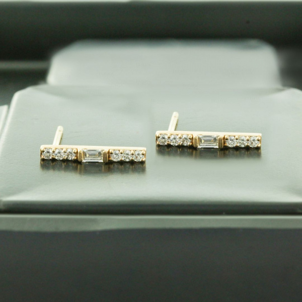 0.26Ct. Genuine Diamond Round-Baguette Shape Bar Design Earrings in 14k Gold