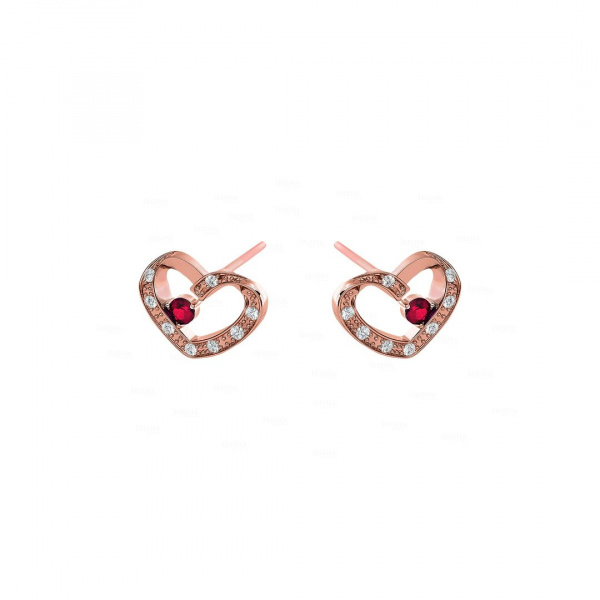 14K Gold Genuine Diamond And Ruby Gemstone Heart Earrings Fine Jewelry