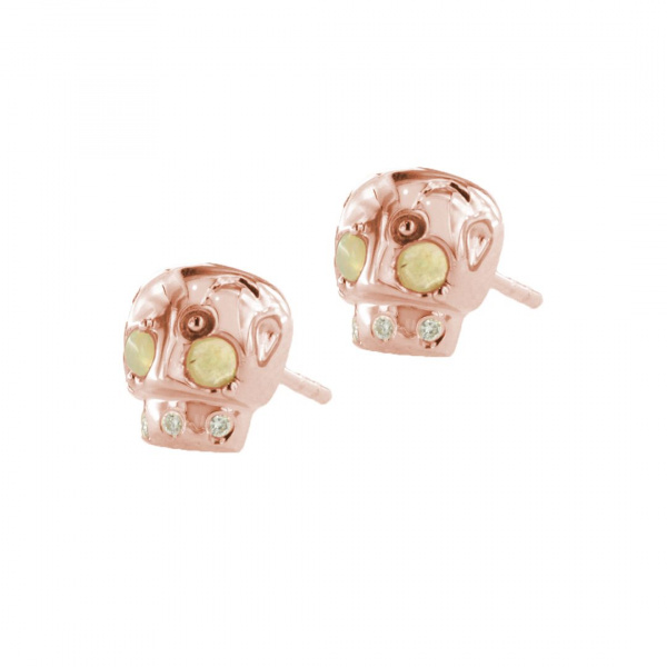 14K Rose Gold Genuine Opal October Birthstone Eyes Skull Halloween Stud Earrings