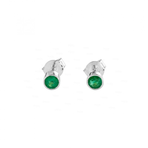 14K White Gold 0.30 Ct. Genuine Emerald Gemstone Bezel Set Studs Earrings