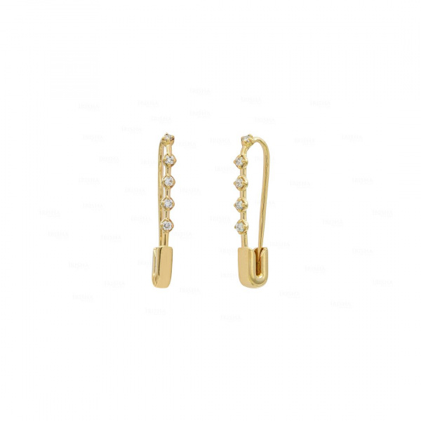 0.15 Ct. Genuine Diamond Safety Pin Design Earrings Fine Jewelry in 14k Gold