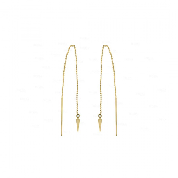 14K Gold 0.10 Ct. Genuine Diamond Bar Dagger Chain Threader Earring Fine Jewelry
