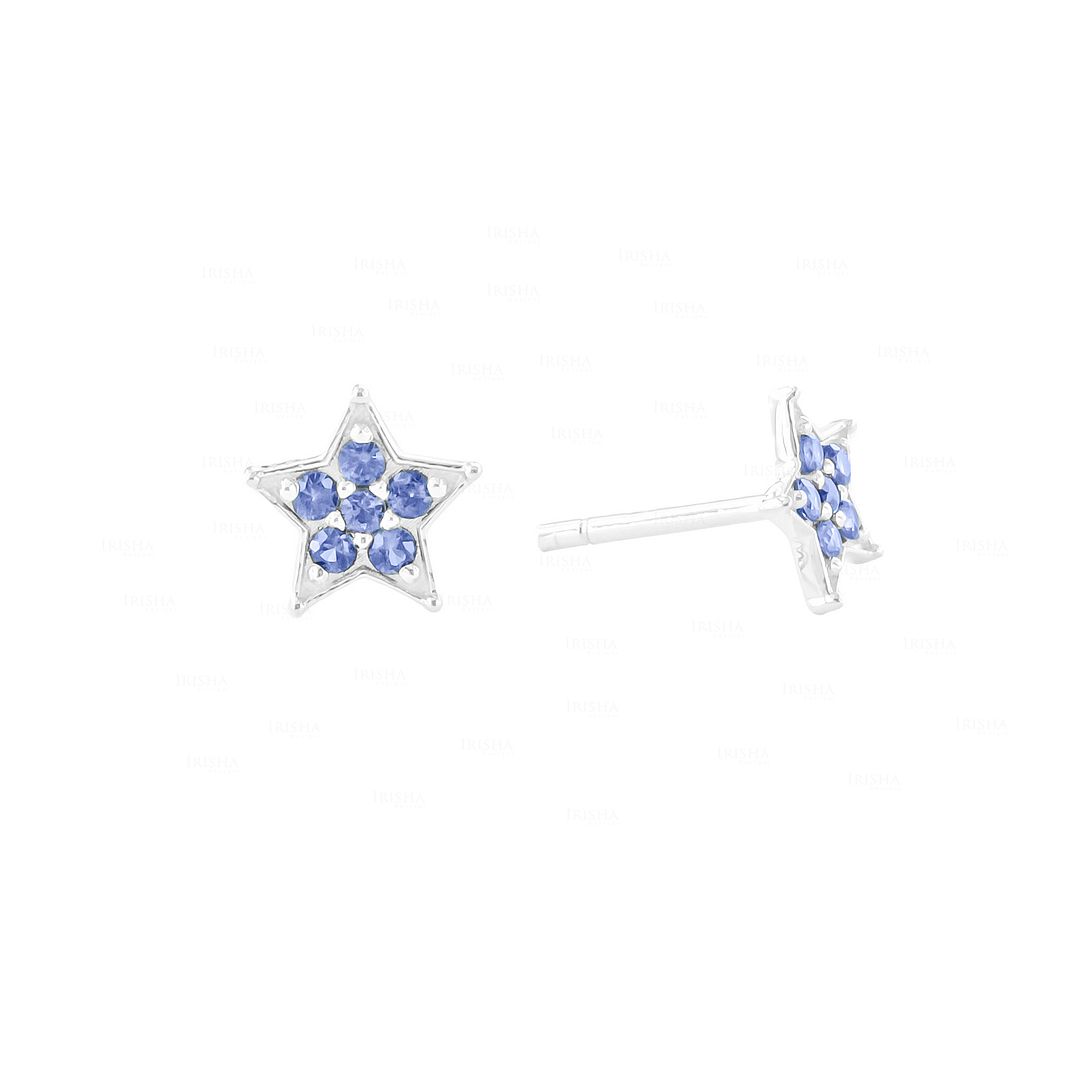 14K Gold 0.20 Ct. Genuine Blue Sapphire Gemstone Star Studs Earring Fine Jewelry
