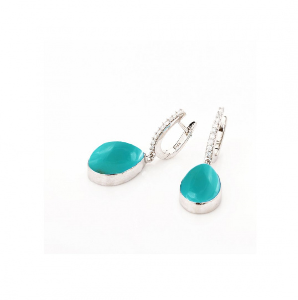 14K White Gold Genuine Diamond And Turquoise Gemstone Drop Hoop Earrings Jewelry