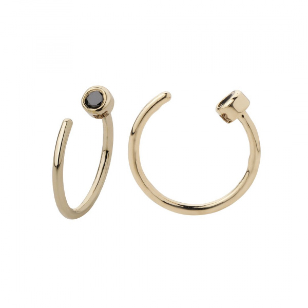 Black Diamond Mini Hoop Earrings Solid 14k Yellow Gold Bridal Minimalist Jewelry