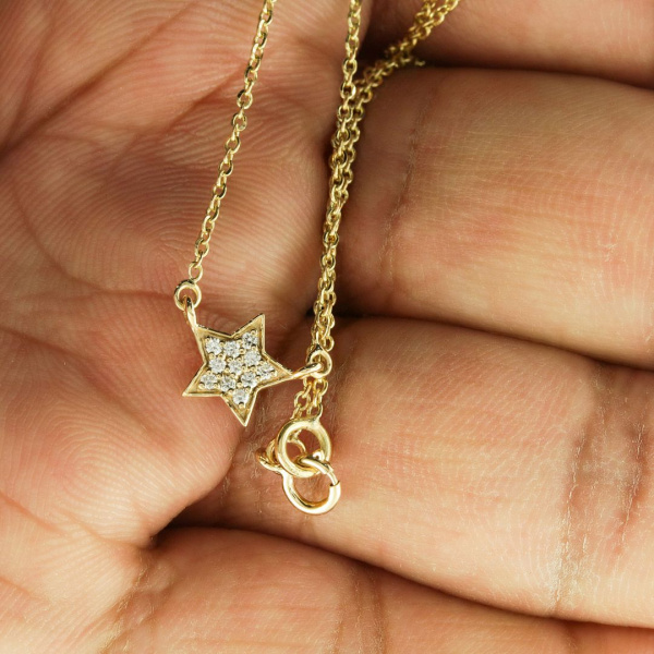 VS Clarity F-G Color Genuine Diamond Star Charm Necklace 14K Gold Fine Jewelry