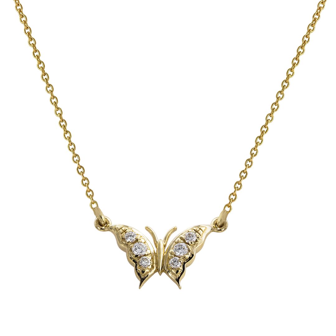 14K Yellow Gold 0.08 Ct. Genuine Diamond Butterfly Charm Pendant Necklace Jewelry