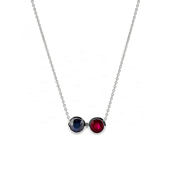 Real Ruby And Blue Sapphire Gemstone Double Bezel Necklace 14K Gold Fine Jewelry
