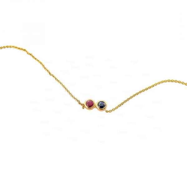 Real Ruby And Blue Sapphire Gemstone Double Bezel Necklace 14K Gold Fine Jewelry