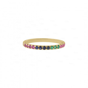 Genuine Multi Sapphire Rainbow Vintage Style Band Ring 14K Gold Fine Jewelry