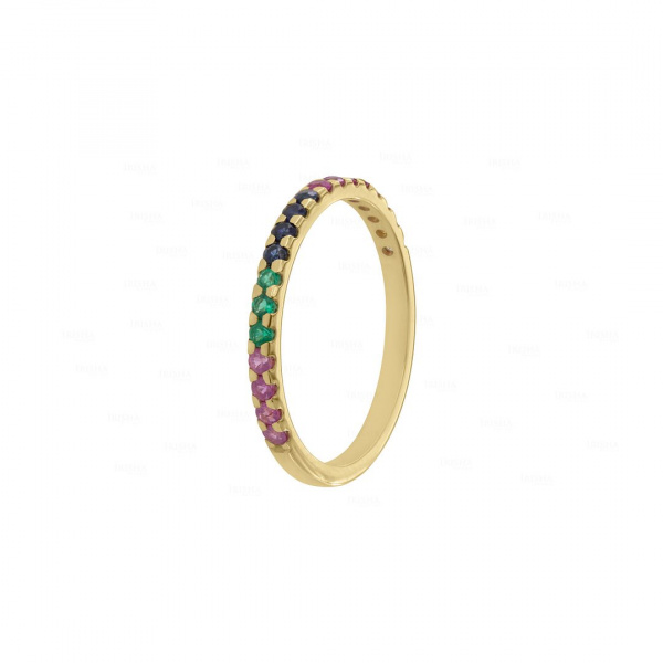 Genuine Multi Sapphire Rainbow Vintage Style Band Ring 14K Gold Fine Jewelry