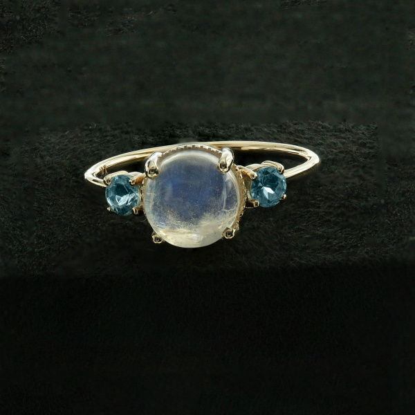 Real Blue Topaz-Moonstone Cocktail Ring in 14K Gold Fine Jewelry size- 3 to 8 US