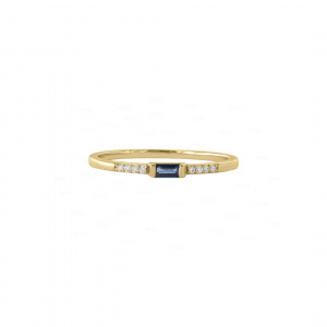 14K Yellow Gold Genuine Diamond And Baguette Blue Sapphire Gemstone Ring  -6 US