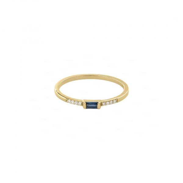 14K Yellow Gold Genuine Diamond And Baguette Blue Sapphire Gemstone Ring  -6 US