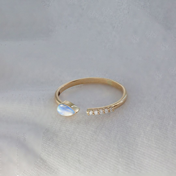 Genuine Diamond Rainbow Moonstone June Birthstone Open Cuff 14K Gold Ring