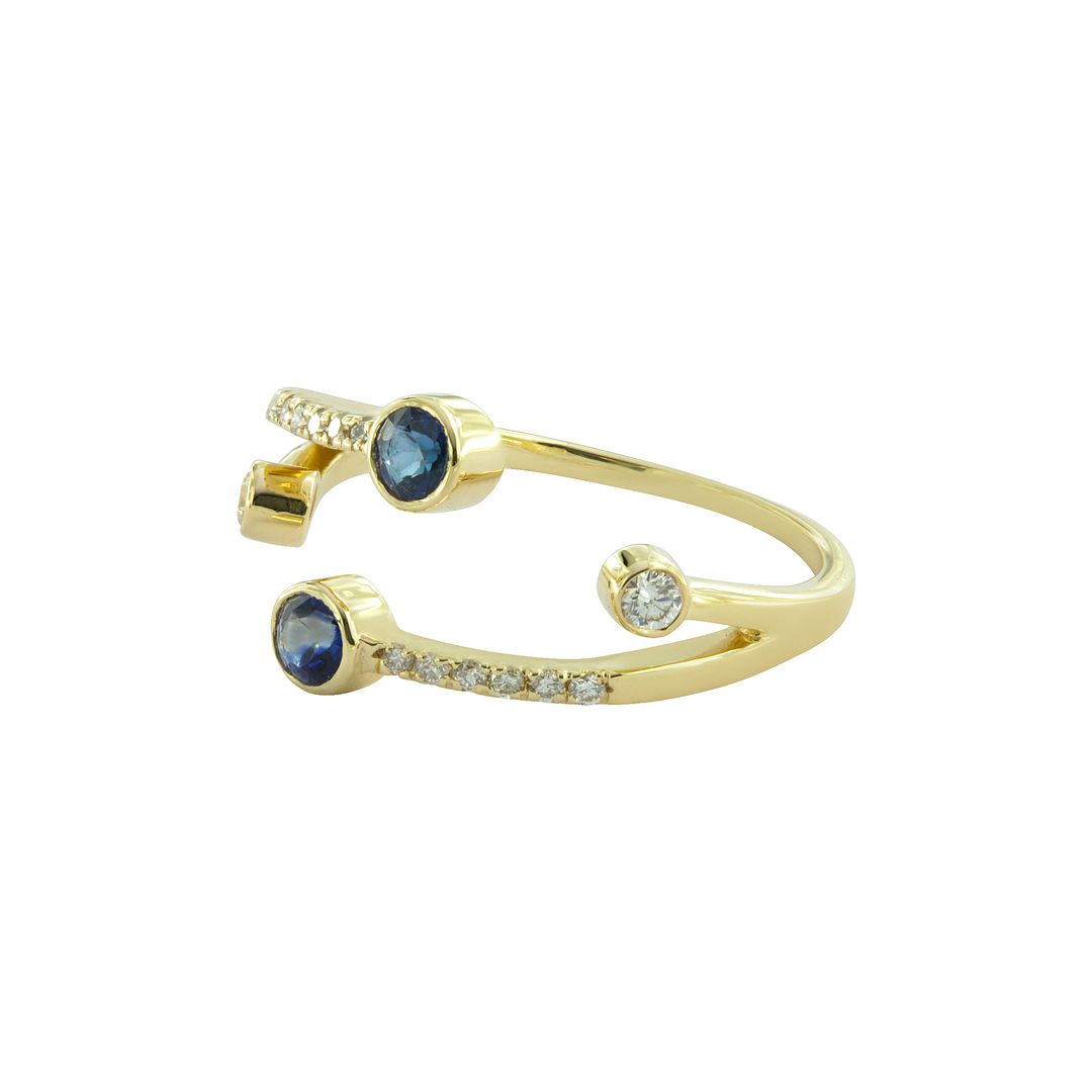 14K Yellow Gold Genuine Diamond And Blue Sapphire Gemstone Cuff Wedding Band Fine Ring Size-6 US