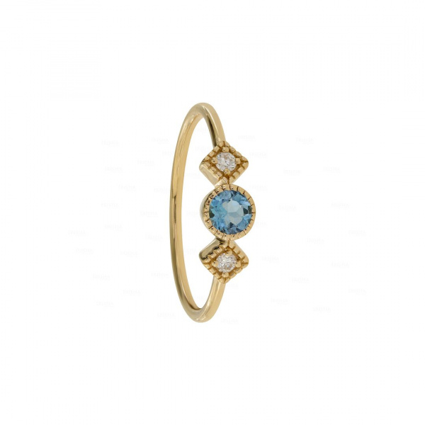 14K Yellow Gold Genuine Diamond-Aquamarine Gemstone Birthday Gift Ring -7.75 US