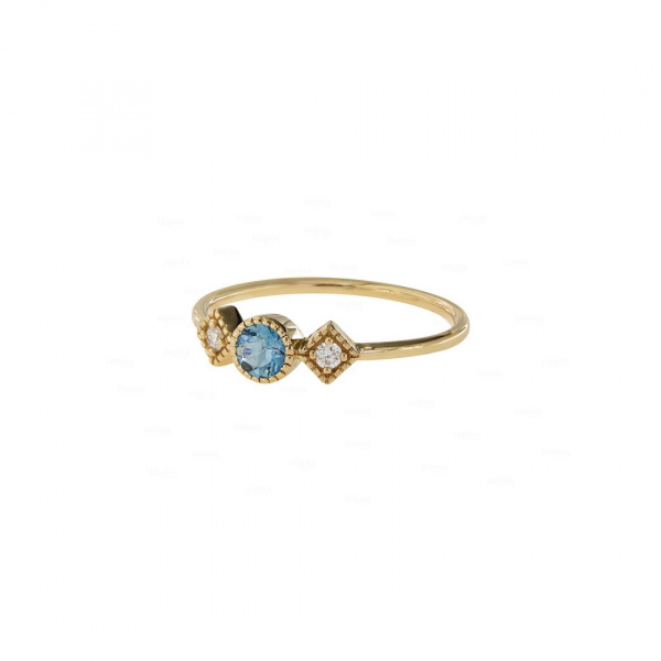 14K Yellow Gold Genuine Diamond-Aquamarine Gemstone Birthday Gift Ring -7.75 US