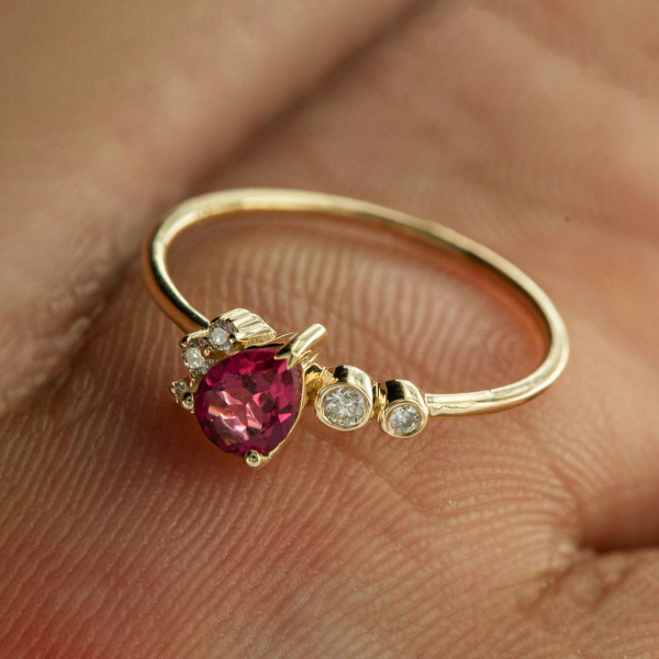 14K Yellow Gold Genuine Diamond-Pear Shape Pink Tourmaline Cluster Ring -6.5 US