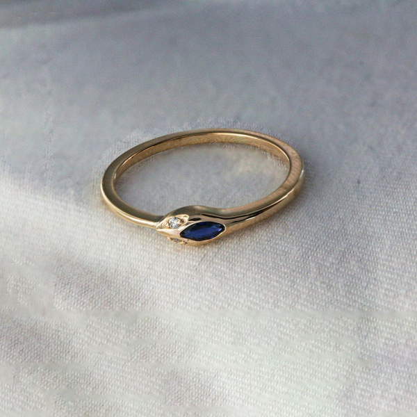 Real Diamond Blue Sapphire Ouroboros Serpent Design Ring 14K Gold Fine Jewelry