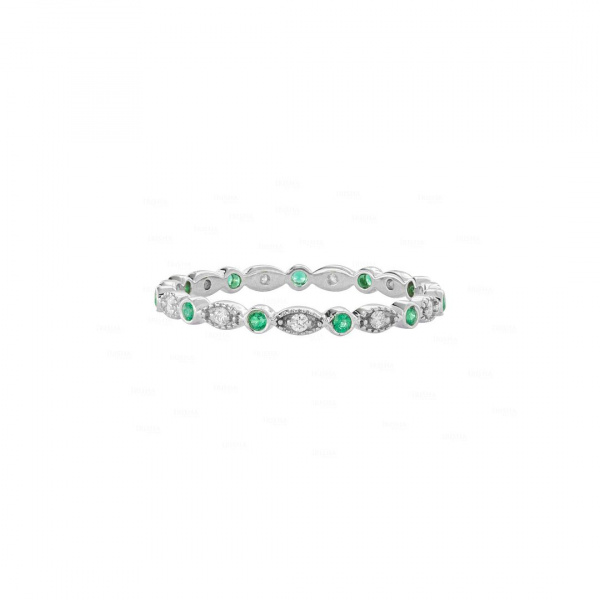 Diamond And Emerald Gemstone Vintage Eternity Ring 14K Gold Fine Jewelry