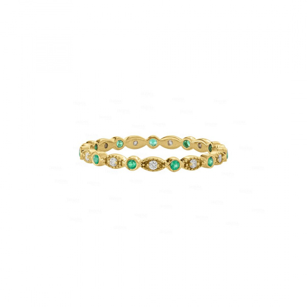 Diamond And Emerald Gemstone Vintage Eternity Ring 14K Gold Fine Jewelry
