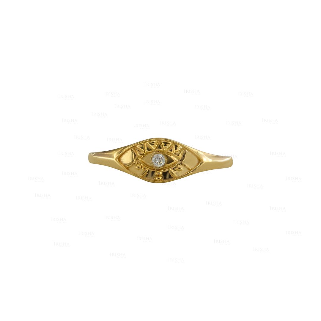 14K Gold 0.02 Ct. Genuine Diamond Evil Eye Signet Delicate Ring Fine Jewelry