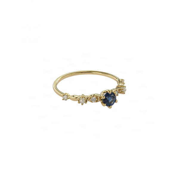 14K Yellow Gold Genuine Diamond Blue Sapphire Freshwater Pearl Ring  -6 US