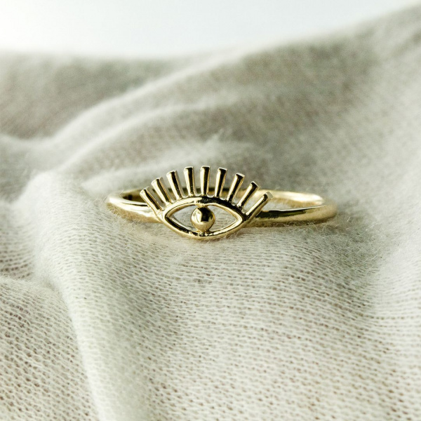 14K Solid Plain Gold Evil Eye Delicate Ring Handmade Christmas Fine Jewelry