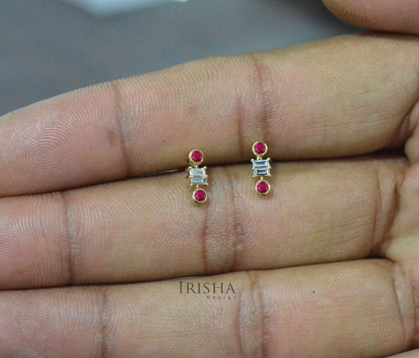 14K Gold Genuine Baguette Diamond And Round Ruby Gemstone Earrings Fine Jewelry