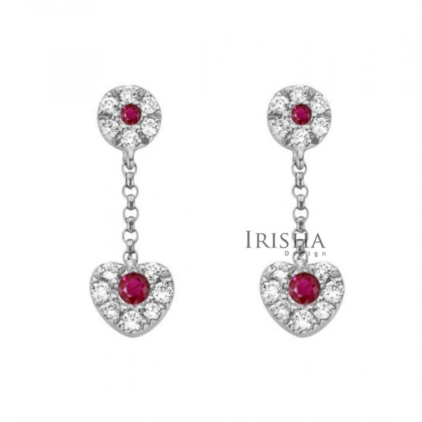 14K Gold Genuine Diamond And Ruby Drop Heart Chain Earrings Fine Jewelry