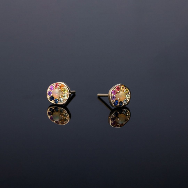 Opal Multi Sapphire Stud Earrings|14k Gold, Gemstone