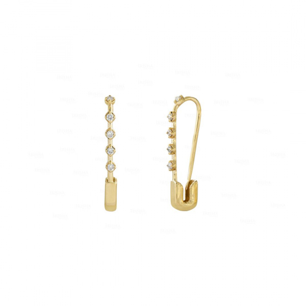 14K Yellow Gold 0.15 Ct. Genuine Round Diamond Safety Pin Earrings Women Jewelry
