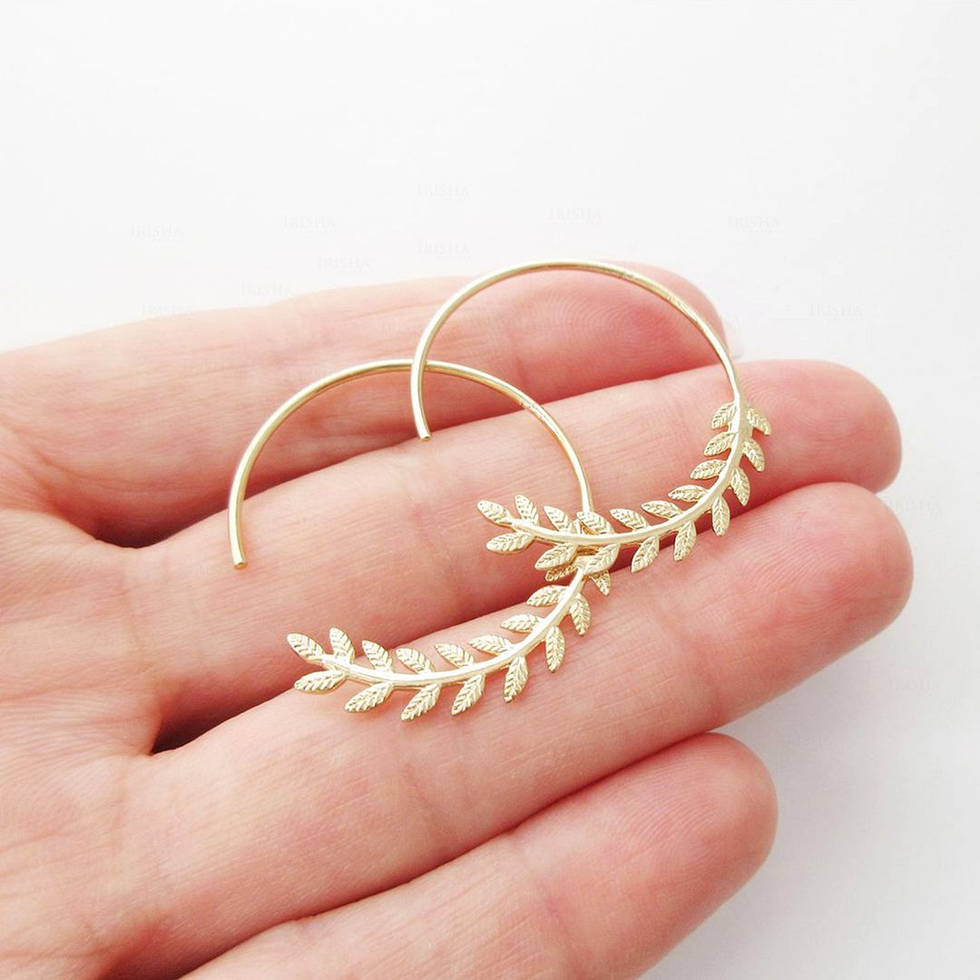 14K Yellow Gold 1 Inch Leaf Feather Nature Love Hoop Earrings Women Jewelry