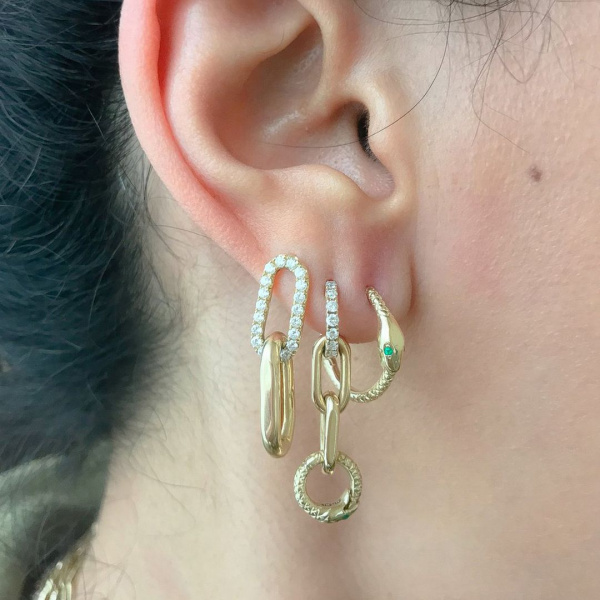 Double Link Chain Earrings|14k Gold, Diamond