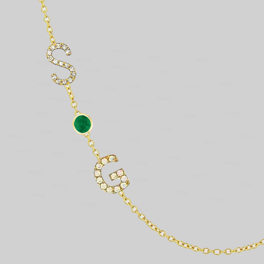 14K Yellow Gold Genuine Diamond Emerald S-G Alphabet Gemstone Necklace Jewelry