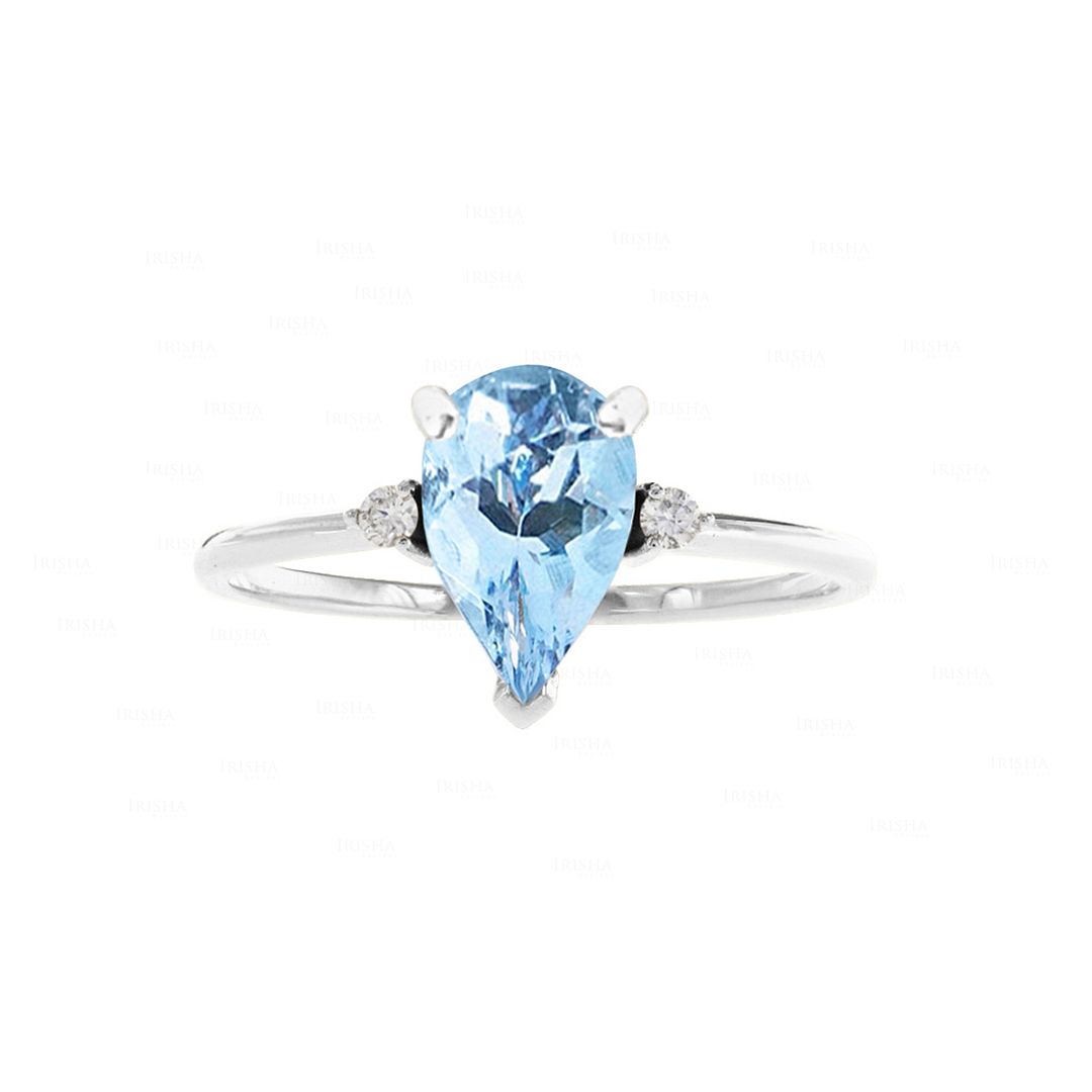 14K White Gold Pear Shape Aquamarine And Diamond Ring Fine Jewelry Size 7.5 US