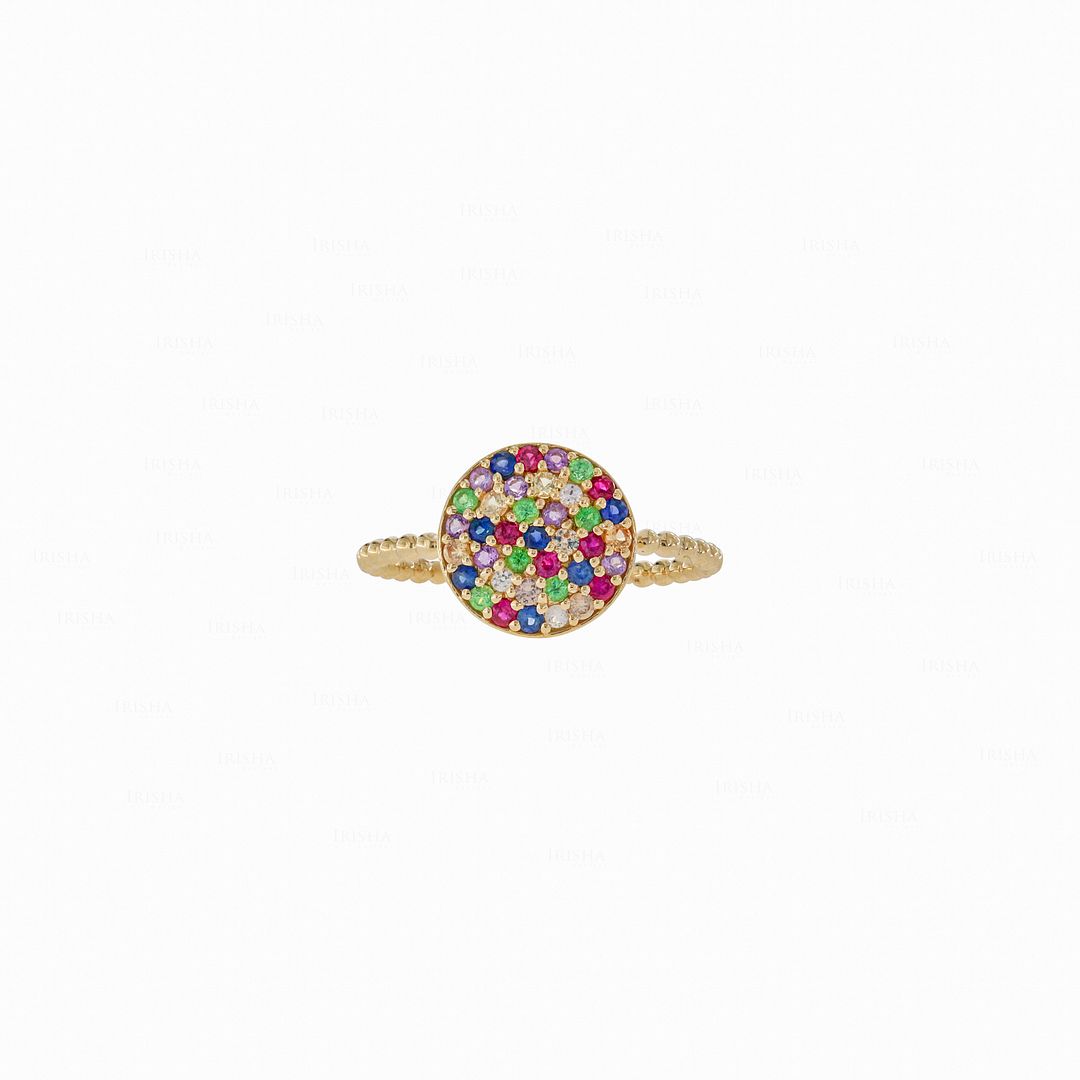 14K Yellow Gold Beaded Multi Sapphire Gemstone Circle Design Ring Size 6.25 US
