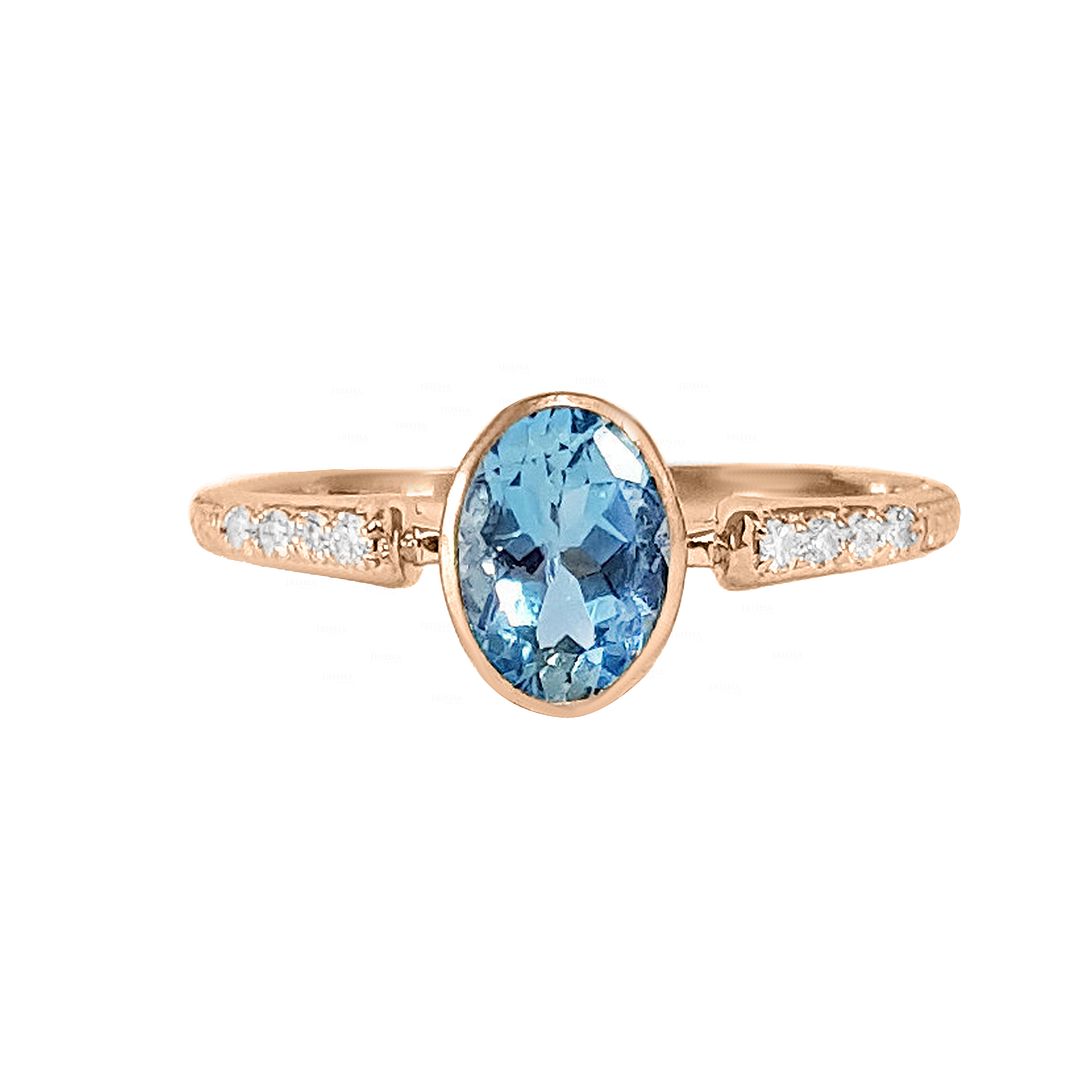 18K Rose Gold Diamond And Aquamarine Elegant Engagement Ring Size 7.5 US