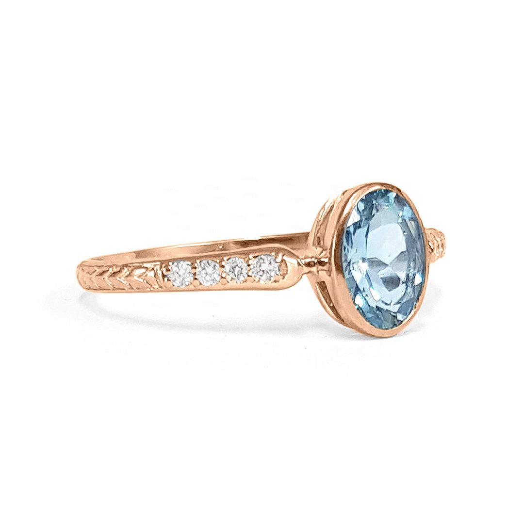 18K Rose Gold Diamond And Aquamarine Elegant Engagement Ring Size 7.5 US