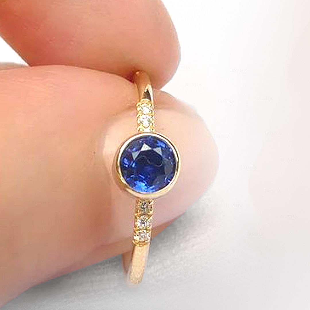 14K Yellow Gold Diamond And Blue Sapphire Wedding Ring Fine Jewelry Size 5.25 US