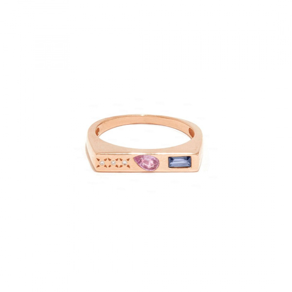 Horizontal Signet Ring|Diamond, Pink n Blue Sapphire
