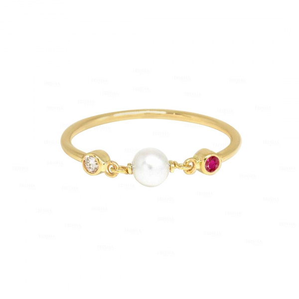 Pearl And Ruby Ring|14k Gold, Diamond